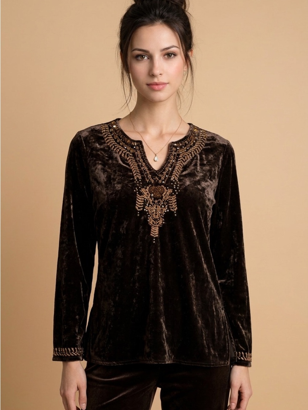 Anne Carson BoHo Y2K Embellished Velvet Long-Sleeve Top in Dark Brown-M